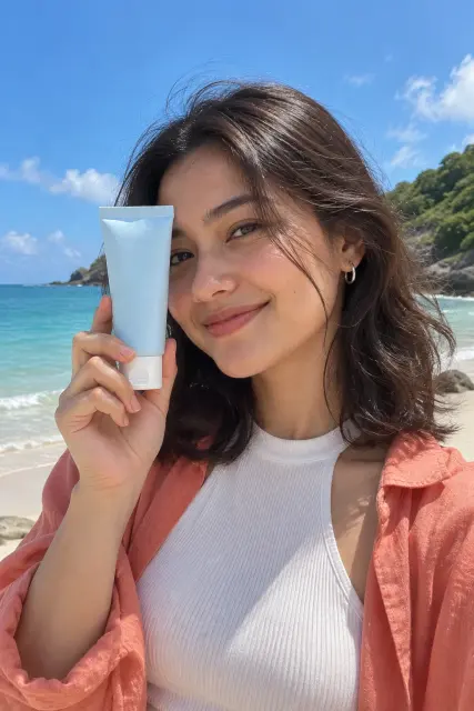Contoh foto produk skincare & kecantikan, gaya luar ruangan: Beach sunscreen tube