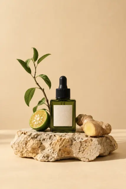 Contoh foto produk skincare & kecantikan, gaya studio: Earthy dropper serum
