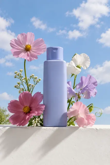 Contoh foto produk skincare & kecantikan, gaya luar ruangan: Floral body wash