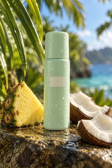 Contoh foto produk skincare & kecantikan, gaya luar ruangan: Tropical fragrance mist