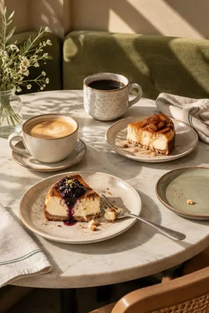 Contoh foto produk makanan & minuman, gaya dalam ruangan: Café coffee and cheesecake