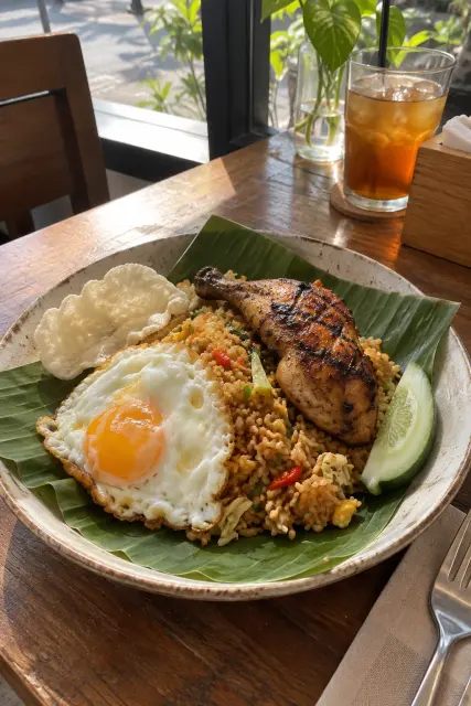 Contoh foto produk makanan & minuman, gaya dalam ruangan: Nasi goreng chicken plate