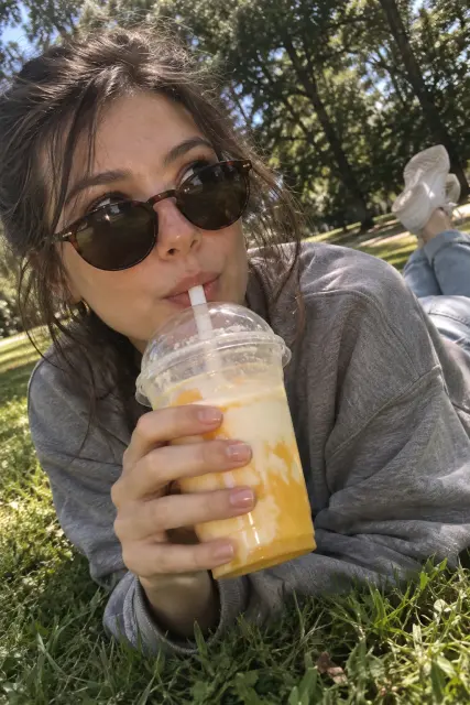 Contoh foto produk makanan & minuman, gaya luar ruangan: Candid lawn yogurt drink