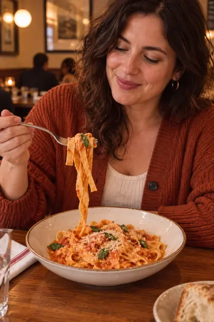 Contoh foto produk makanan & minuman, gaya dalam ruangan: Candid pasta bite