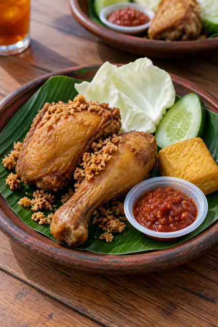 Contoh foto produk makanan & minuman, gaya dalam ruangan: Ayam kremes plate