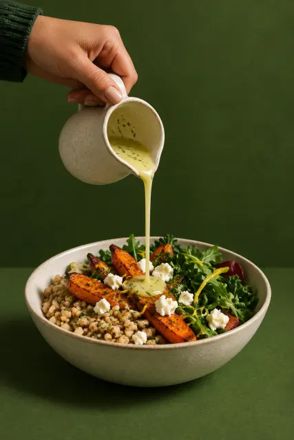 Contoh foto produk makanan & minuman, gaya studio: Dressing-pour grain bowl