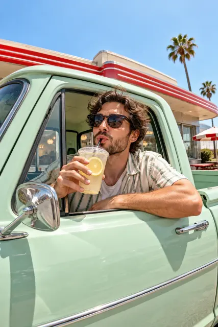 Contoh foto produk makanan & minuman, gaya luar ruangan: Vintage-car lemonade