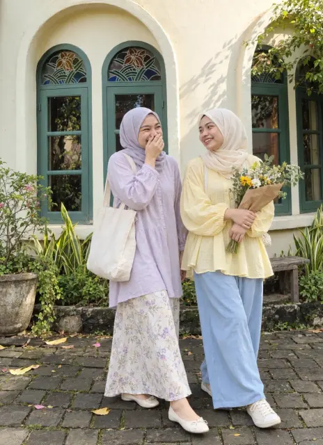 Contoh foto produk fashion, gaya luar ruangan: Pastel heritage