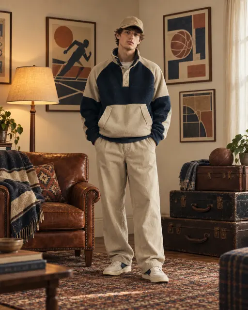Contoh foto produk fashion, gaya dalam ruangan: Retro sport lounge