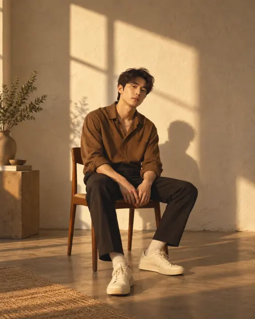 Contoh foto produk fashion, gaya studio: Sunlit shadow seated