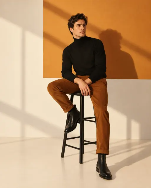 Contoh foto produk fashion, gaya studio: Warm stool portrait
